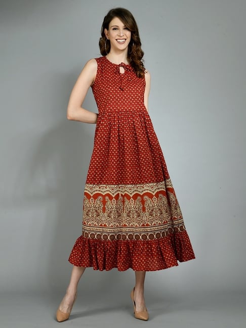 Myshka Maroon Cotton Printed A-Line Dress Price in India
