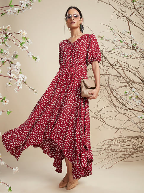LOV by Westside Wine Floral Design Asymmetrical Dress Price in India