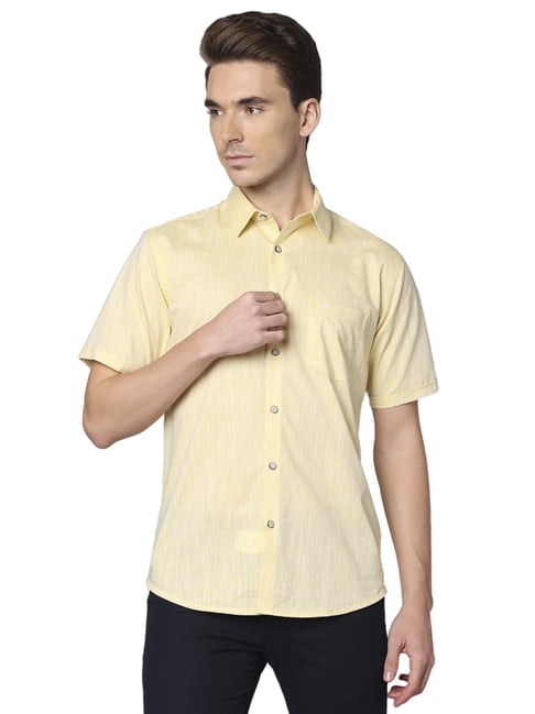 Park Avenue Yellow Cotton Slim Fit Self Pattern Shirt