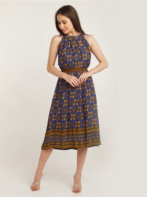 Zink London Blue Printed Midi Dress Price in India