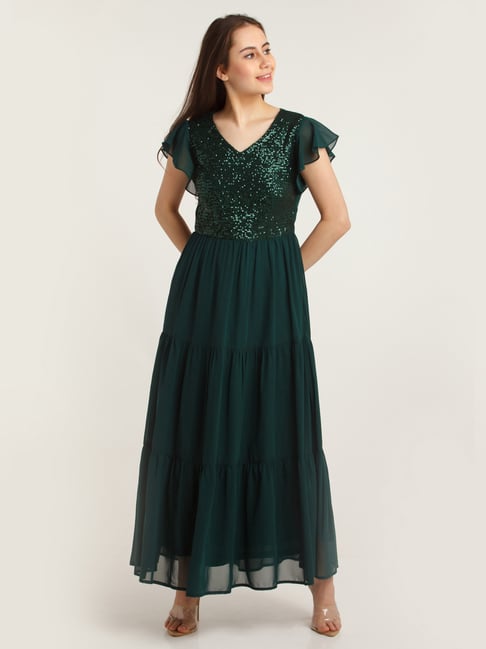 Zink London Green Embellished Maxi Dress Price in India