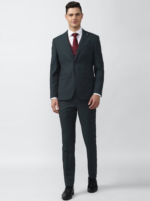 Peter England Elite Grey Slim Fit Printed Three Piece Suit