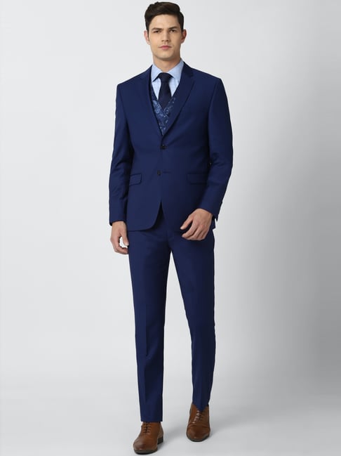 Van Heusen Navy Slim Fit Printed Three Piece Suit