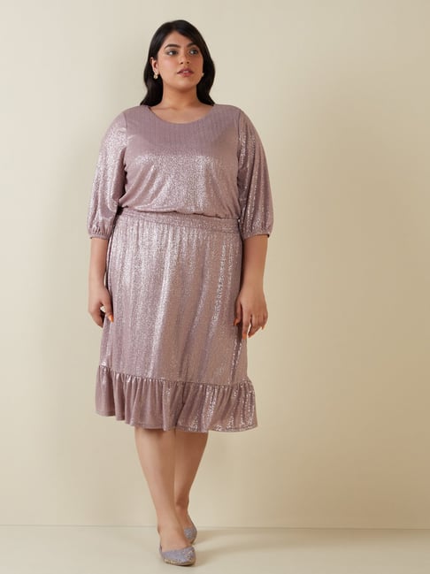 Gia Curves by Westside Taupe Tiered Shimmer Dress Price in India