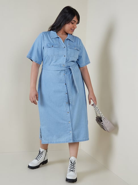 Gia Curves by Westside Light Blue Chambray Dress With Belt Price in India