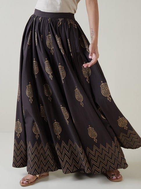 Utsa by Westside Charcoal Dull Gold Floral Print Skirt Price in India