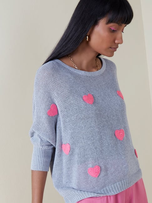 Nuon by Westside Grey Heart-Patterned Sweater