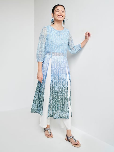 Global Desi Light Blue Floral Print Kurta