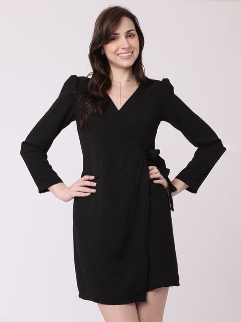 AND Black Textured Wrap Dress Price in India