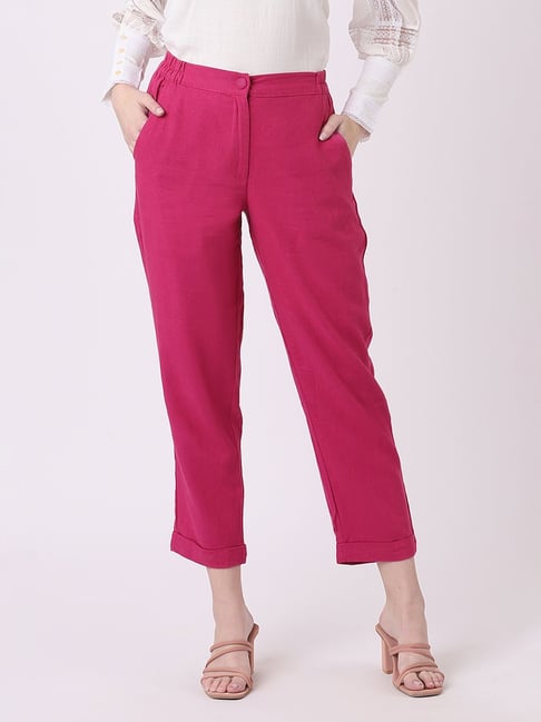 Buy Xpose Women Dusty Pink Regular Fit Solid Linen Trousers online