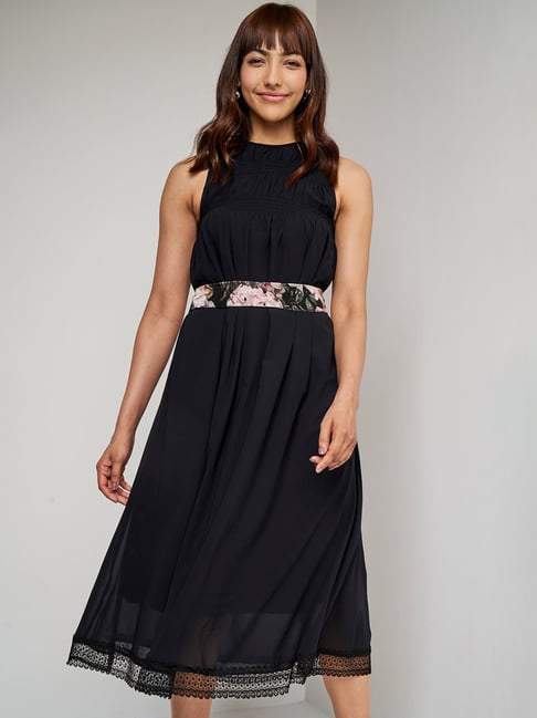 Women Black Velvet Midi Dress Stand Collar Long Sleeve Evening Dress Solid  Retro | eBay