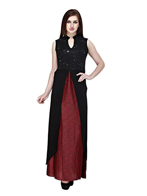 Cottinfab Black & Red Embroidery Maxi Dress Price in India
