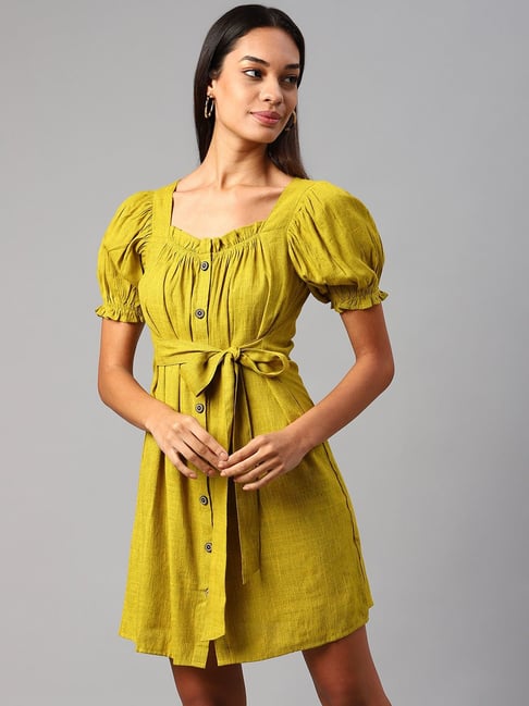 Cottinfab Yellow Puff Sleeves Shirt Dress Price in India