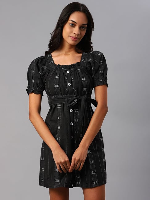 Cottinfab Black Cotton Printed Puff Sleeves Shirt Dress Price in India