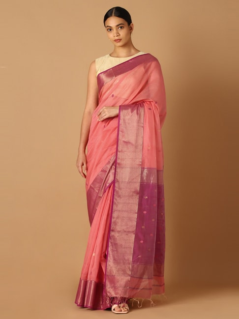 Taneira Pink Cotton Silk Woven Saree With Unstitched Blouse Price in India