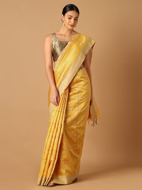Taneira Yellow Chequered Tussar Silk Bhagalpuri Saree With Unstitched Blouse Price in India