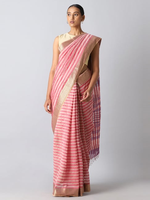Taneira Pink Cotton Silk Striped Saree With Unstitched Blouse Price in India
