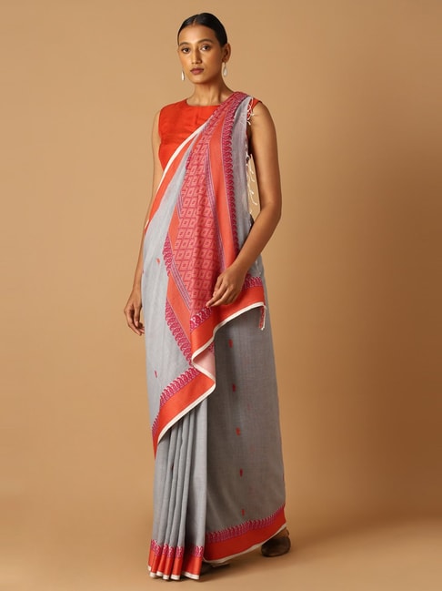 Taneira Grey Cotton Paisley Print Jamdani Saree With Unstitched Blouse Price in India