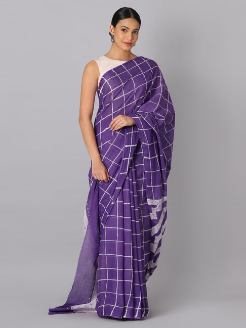 Taneira Purple Cotton Chequered Batik Saree With Unstitched Blouse Price in India