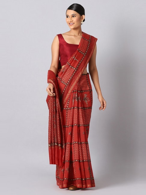 Taneira Red Cotton Silk Sanganeri Printed Saree With Unstitched Blouse Price in India