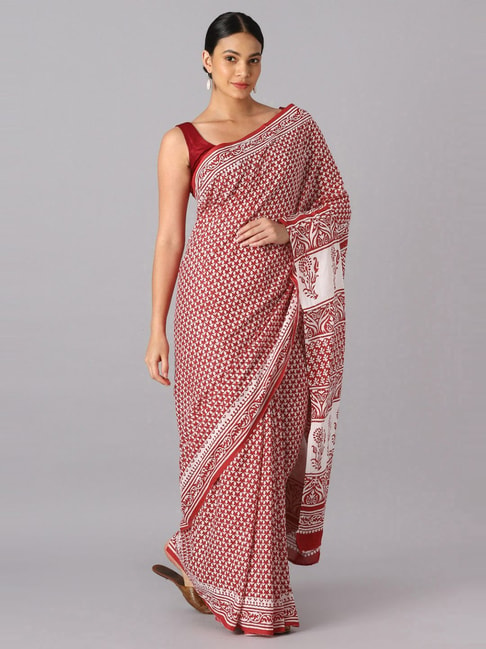 Taneira Red Cotton Sanganeri Printed Saree Without Blouse Price in India