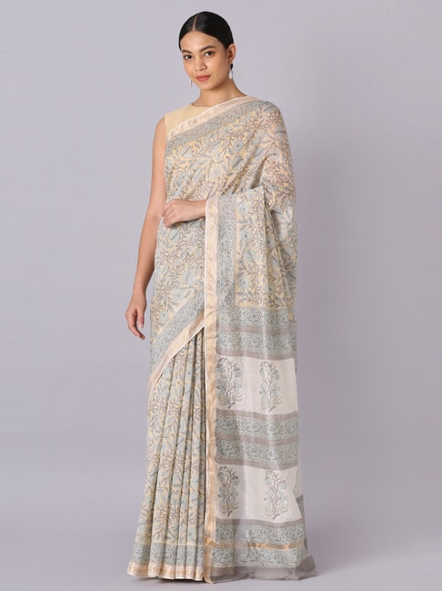 Taneira Grey Cotton Silk Sanganeri Printed Saree With Unstitched Blouse Price in India