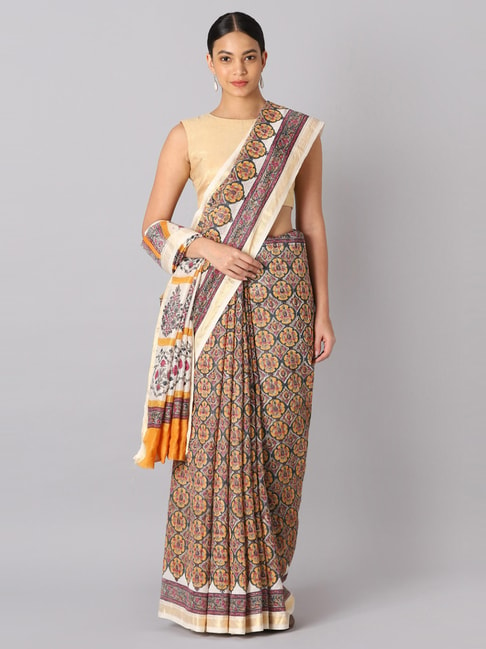 Taneira Grey & Yellow Cotton Silk Sanganeri Printed Saree With Unstitched Blouse Price in India