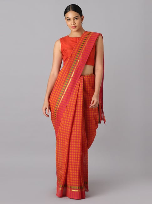 Taneira Orange Cotton Chequered Chettinad Saree Without Blouse Price in India