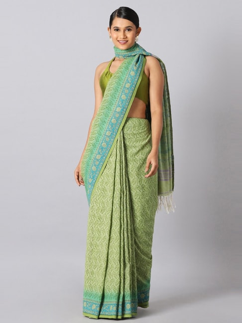Taneira Green Cotton Printed Saree With Unstitched Blouse Price in India