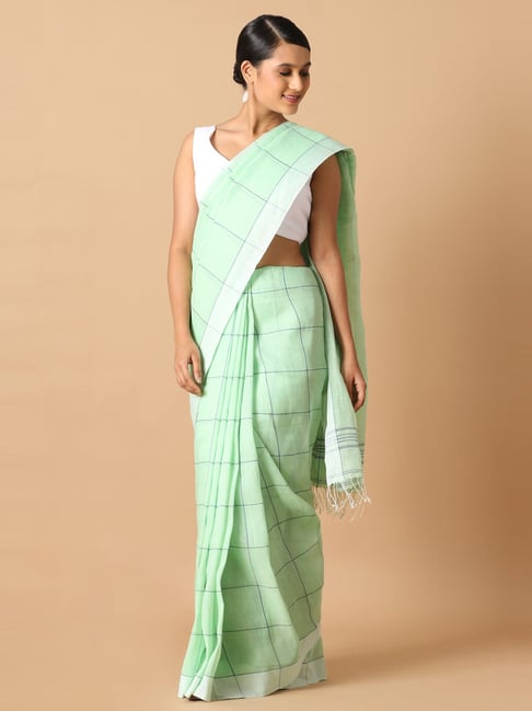 Taneira Green Linen Chequered Saree Without Blouse Price in India