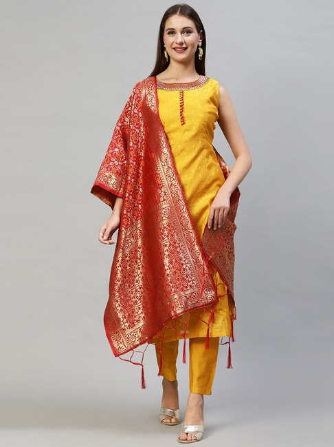 Fashor Yellow Printed Kurta Pant Set With Dupatta Price in India