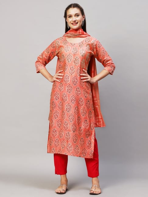 Fashor Peach Embellished Kurta With Dupatta Price in India