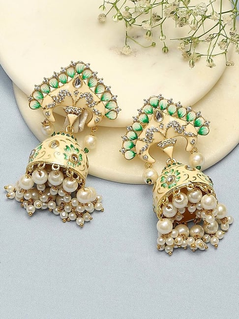 Woma Green Matte Meenakari Dangler Beads Drop Earrings -1318003I