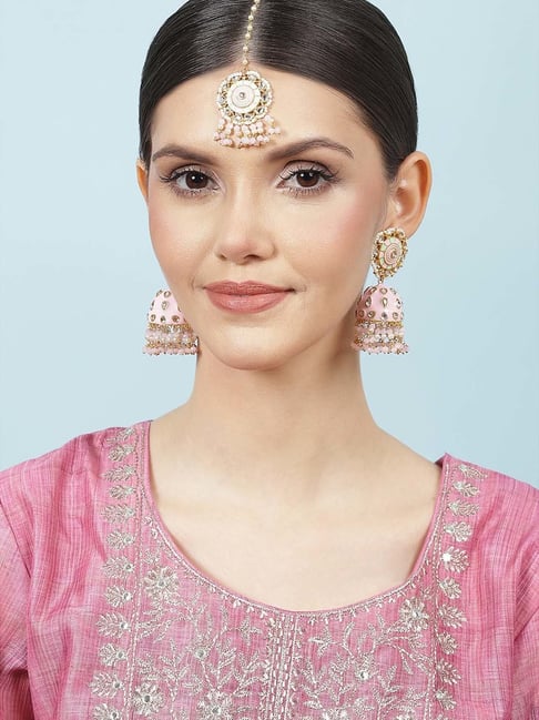 Buy CRUNCHY FASHION Gold-Toned Kundan and Pink Beads Round Shape Earrings  Online at Best Prices in India - JioMart.