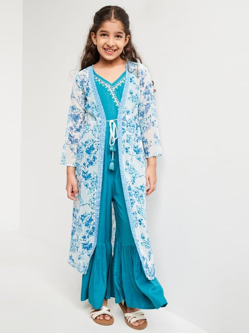 Global Desi Girl Kids Blue & White Floral Print Full Sleeves Jumpsuit with Shrug