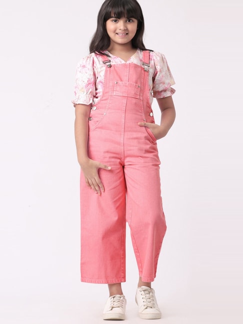 AND girl Kids Pink Cotton Straight Fit Dungaree