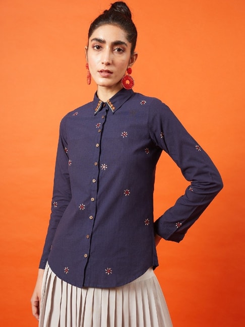 Okhai Noble Woman Navy Pure Cotton Kutch Hand Embroidered Shirt Price in India