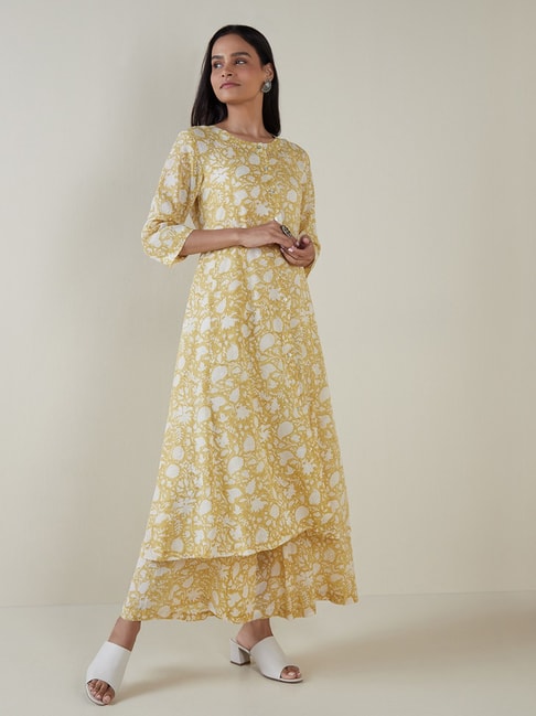 Zuba by Westside Mustard Floral-Printed A-Line Kurta Price in India