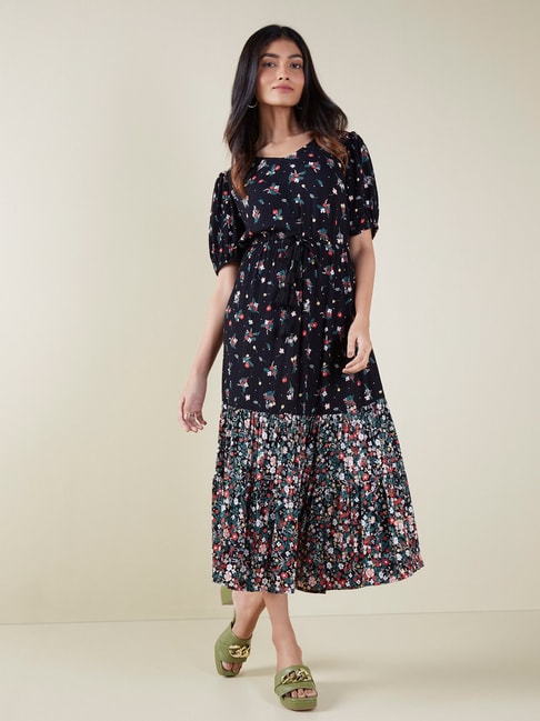 LOV by Westside Black Floral-Printed Tiered Dress Price in India