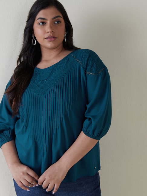 Gia Curves by Westside Teal Embroidered Danika Top Price in India