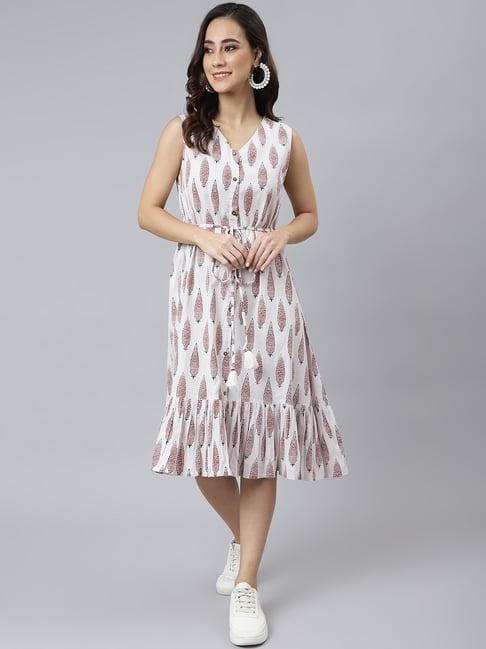 Janasya White Cotton Printed A-Line Dress Price in India