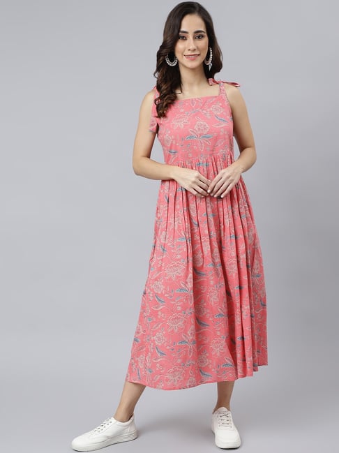 Janasya Pink Cotton Printed A-Line Dress Price in India