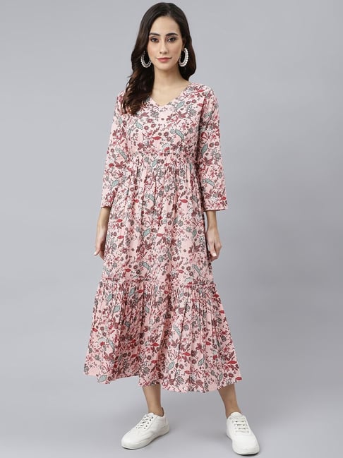 Janasya Peach Printed A-Line Dress Price in India