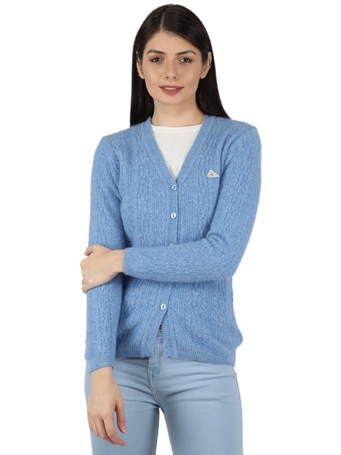 Monte Carlo Blue Self Design Open Front Cardigan