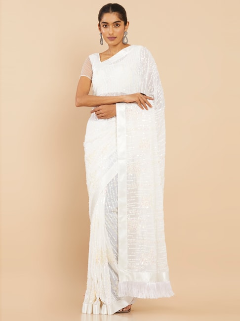 Buy Pure White Satin Silk Plain Party Wear Saree With Full Sleeve Blouse  Online