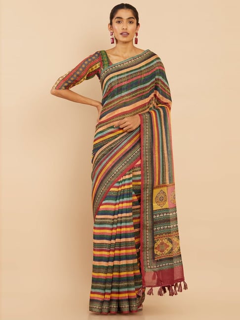 Soch Multicolor Linen Striped Saree With Unstitched Blouse Price in India