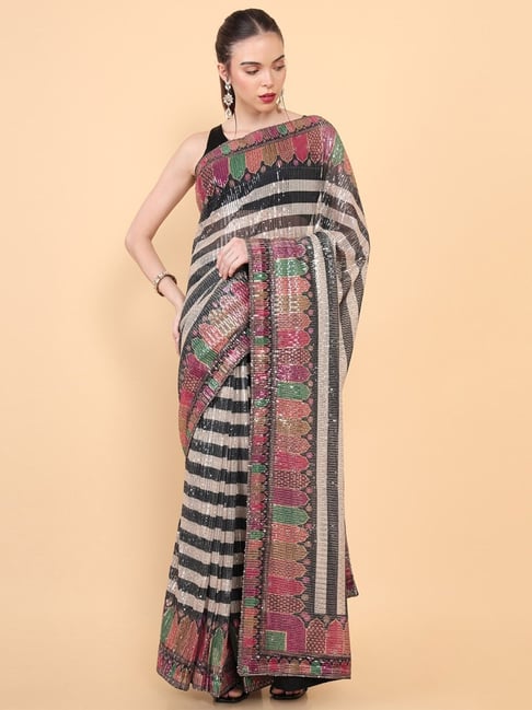 Soch Off-White & Black Embellished Saree With Unstitched Blouse Price in India