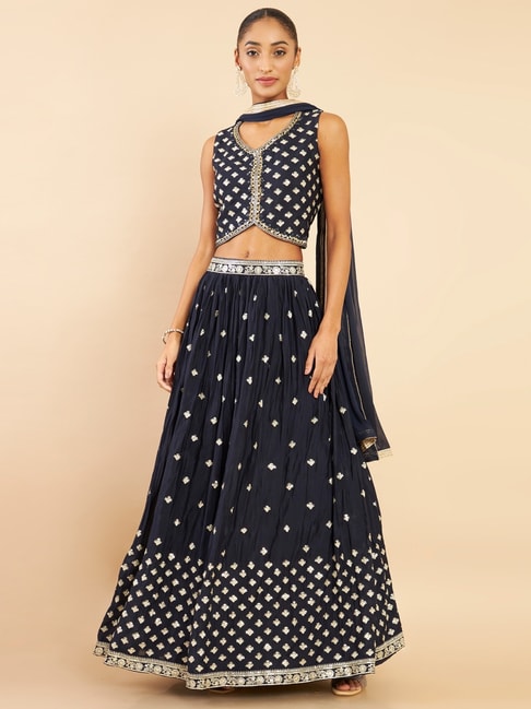 Soch Navy Cotton Embroidered Lehenga Choli Set With Dupatta Price in India