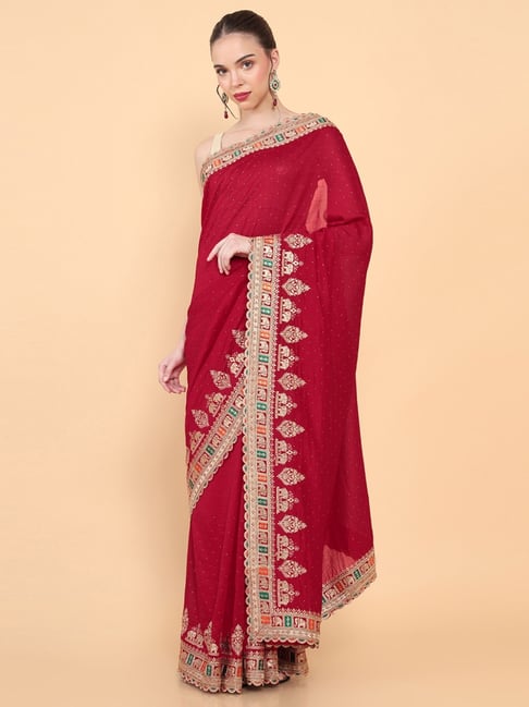 Soch Red Embroidered Saree With Unstitched Blouse