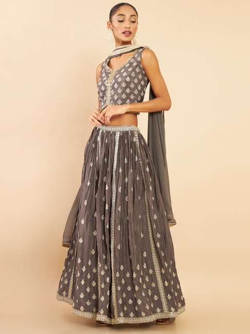 Soch Grey Cotton Embroidered Lehenga Choli Set With Dupatta Price in India